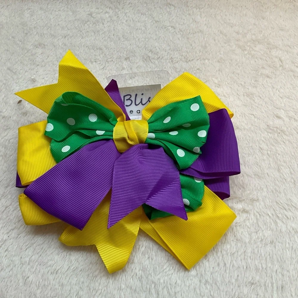 Bliss Kids Yellow Purple Green Polka Dot Layered Hair Bow Clip